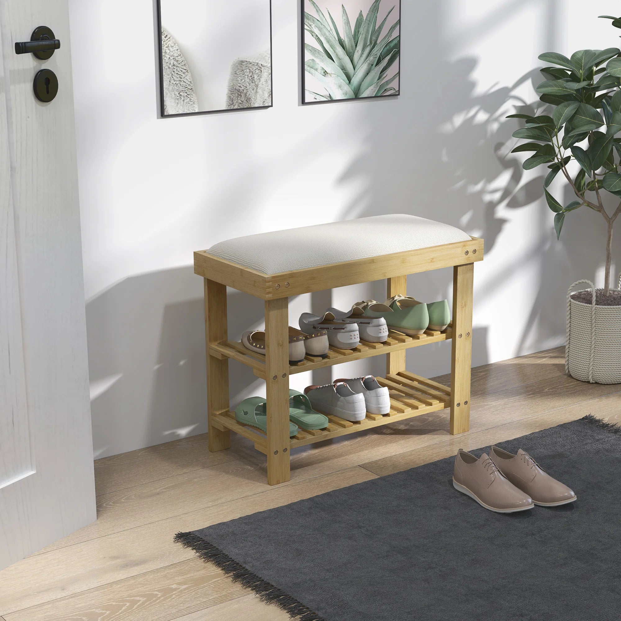 3-Tier Shoe Storage Bench, Bamboo Shoe Rack for Entryway, Cream